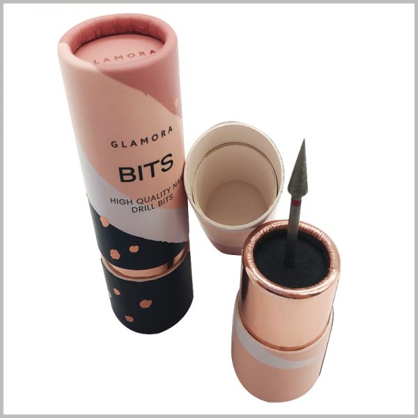 1 inch diameter cardboard tubes packaging for nail drill bits wholesale, there is an inner tube inside the paper tube to hold the bottom of the inner tube, and the 5mm rose gold part is exposed.