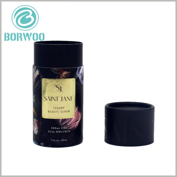 30ml CBD essential oil packaging boxes wholesale.Custom-made small-diameter paper tubes are packaged with a bronzing print similar to a gold foil on the front.