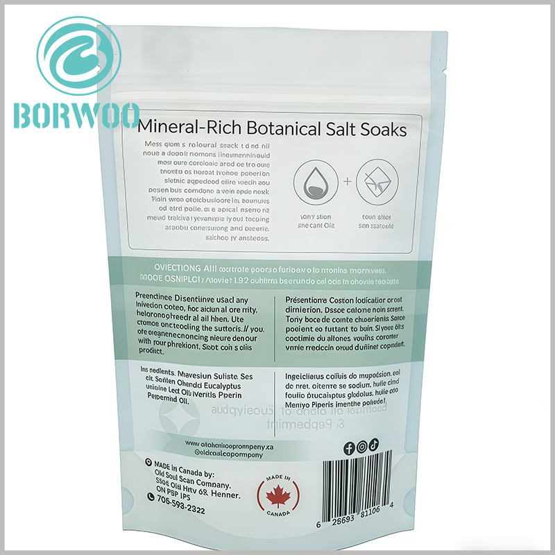 950g Epsom Salt Bath Stand-Up Doypack Pouch with sturdy self-standing base, perfect for neat shelf display in stores and pharmacies. The resealable zipper ensures easy use for consumers, elevating your bath salt product’s shelf appeal and brand visibility.