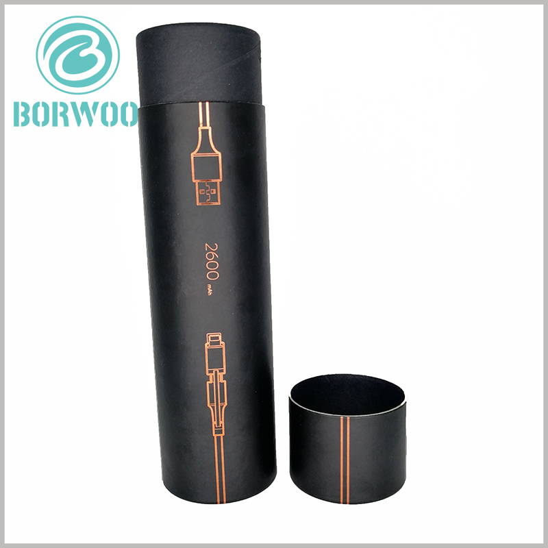 Black cardboard paper tubes for cable packaging boxes.patterns and words printed with UV light golden printing.
