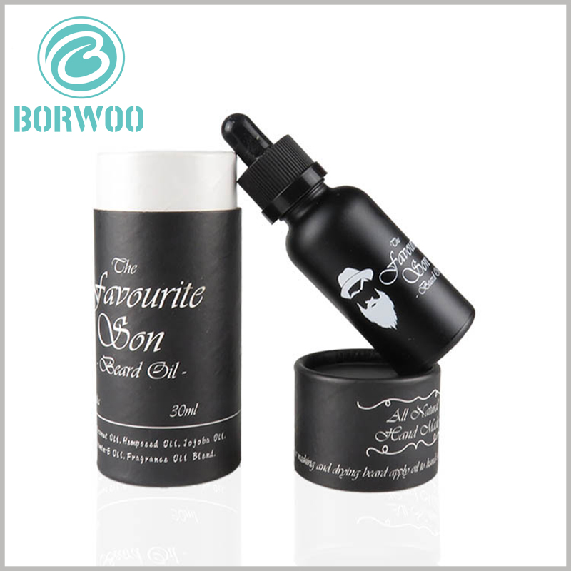 Black cardboard round tube boxes for 30ml essential oil packaging.The inner tube of this box has reversed edge to get a smooth touching, facilitating the usage of the box as well as the essential oil inside.