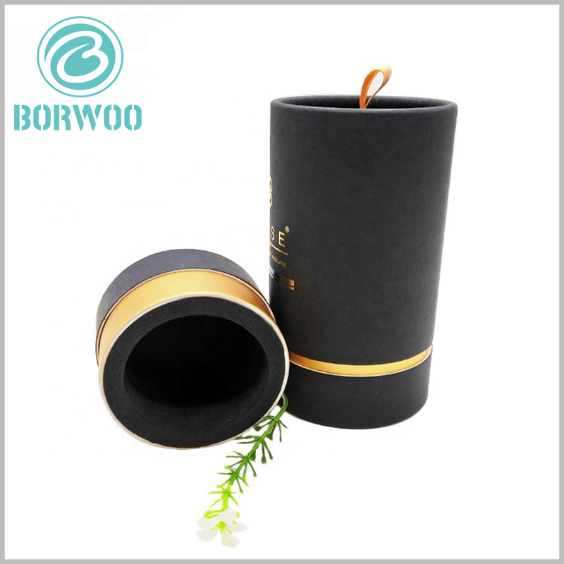 Black cardboard tube packaging boxes with EVA insert.The packaging design is simple, and the hot stamping reflects the high-end packaging.