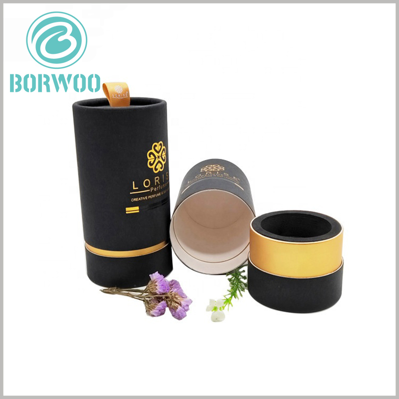 Black cardboard tube packaging for cosmetic boxes.Gold cardboard and hot stamping increase the value and brand value of the packaging