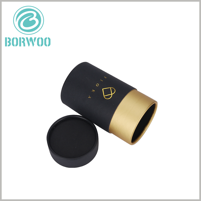 Black cardboard tube packaging for cosmetics boxes.the inside tube is made by 250g golden cardboard.