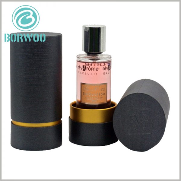 Black cardboard tubes packaging for perfume bottles.The inner paper tube is made of gold cardboard as a laminated paper, which is directly displayed to the customer in gold color.