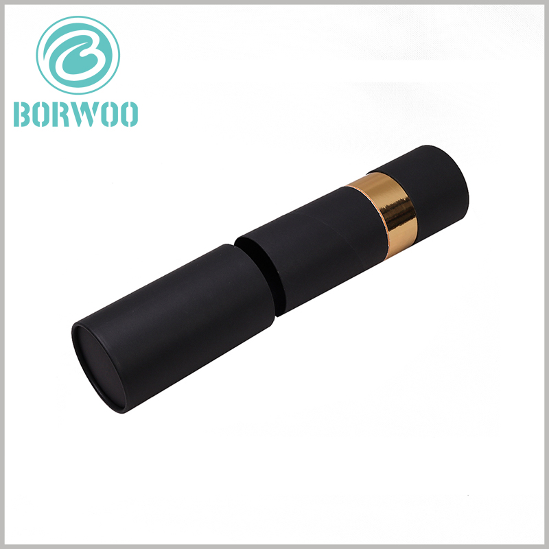 Black large diameter cardboard tube packaging boxes.you can see the inner tube with golden paper, 5 cm extended from the outer tube