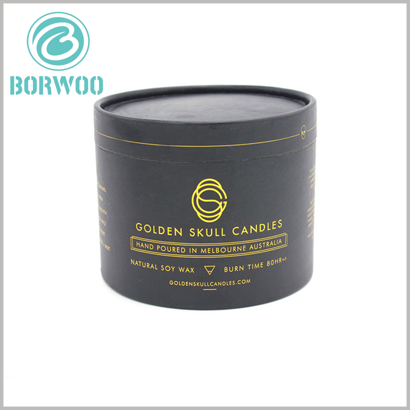 Black paper tube candle boxes packaging with bronzing logo.a great contrast of black and gold giving a splendid visual effect, quite attractive to viewers.
