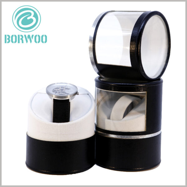 Black paper tube watch packaging boxes.The paper tube has a transparent PVC window to directly see the watch style inside the package