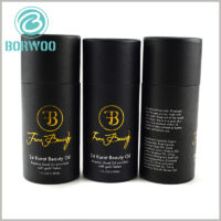 Black small diameter round cardboard boxes with lids for essential oil.Custom Black cardboard boxes with bronzing logo.