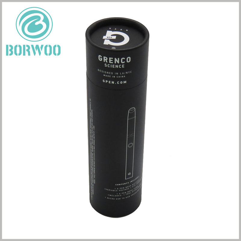 Black small paper tube packaging for vape.all LOGO, pattern and words and white that is in contrast with the black background