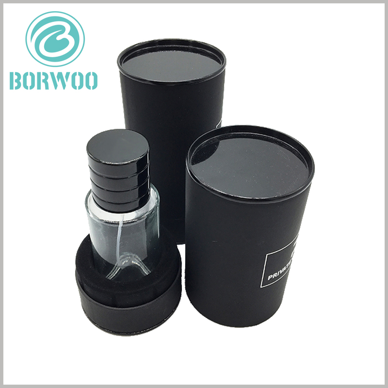 Black small round boxes for perfume packaging.The packaging is made of 350g black cardboard as the raw material, and the thickness of the cardboard tube is 1mm.
