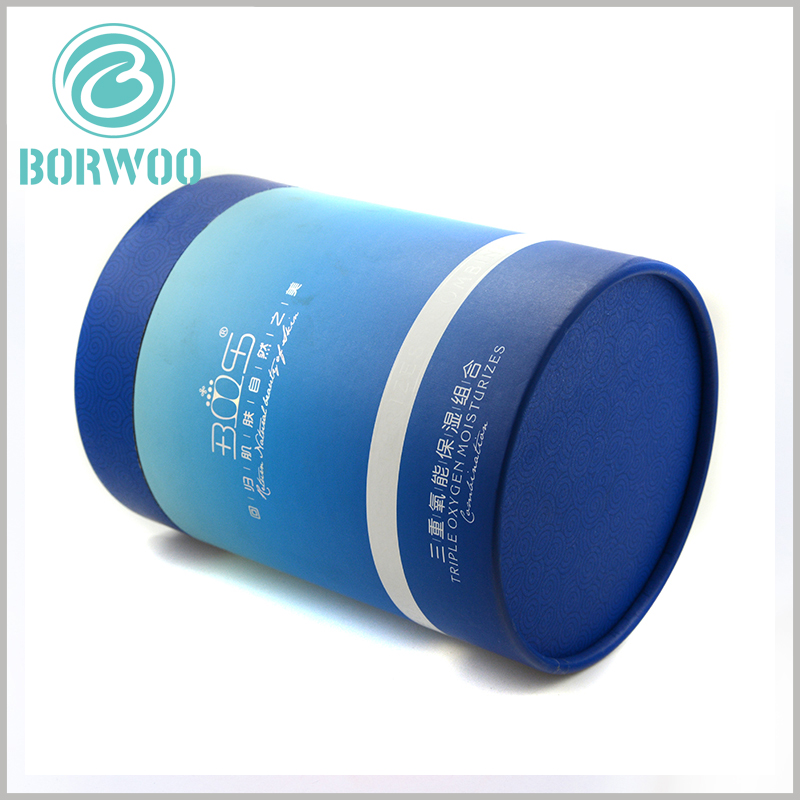 Blue and white paper cylindrical packaging for skincare