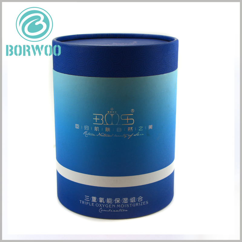Blue and white paper cylindrical tube box