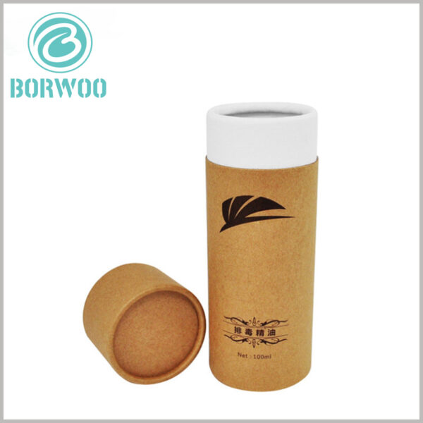 Brown kraft paper tube packaging for essential oils box.This paper tube is not made of pure kraft paper. The paper tube is mainly 350g single powder paper as the raw material. The outer tube is made of kraft paper as the insert paper for decorative purposes.