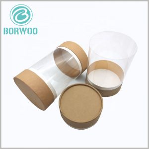 Clear tube packaging with kraft paper lids wholesale.This stuff is eco-friendly, the main tube is rolled by ecologic PVC, transparent and robust to hold the product inside.