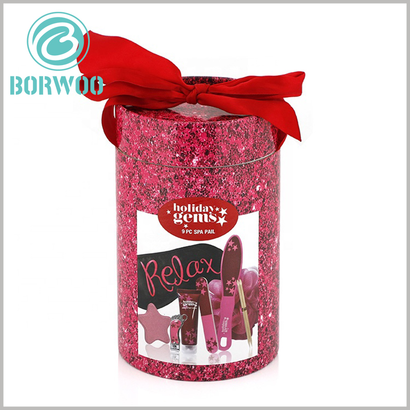 Cool cardboard tube gift packaging with bows for cosmetic set box.The theme of overall design is ruby.