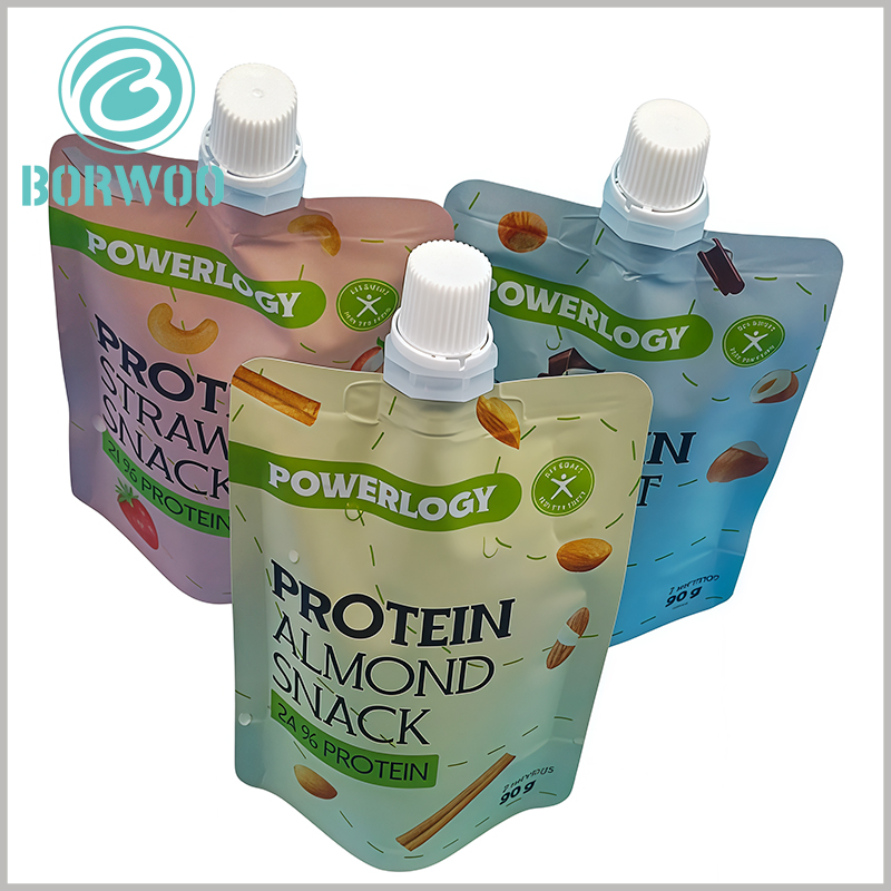 90g stand up pouch with spout – Food-grade corner spout design for leak-proof dispensing of protein snacks & fruit purees.