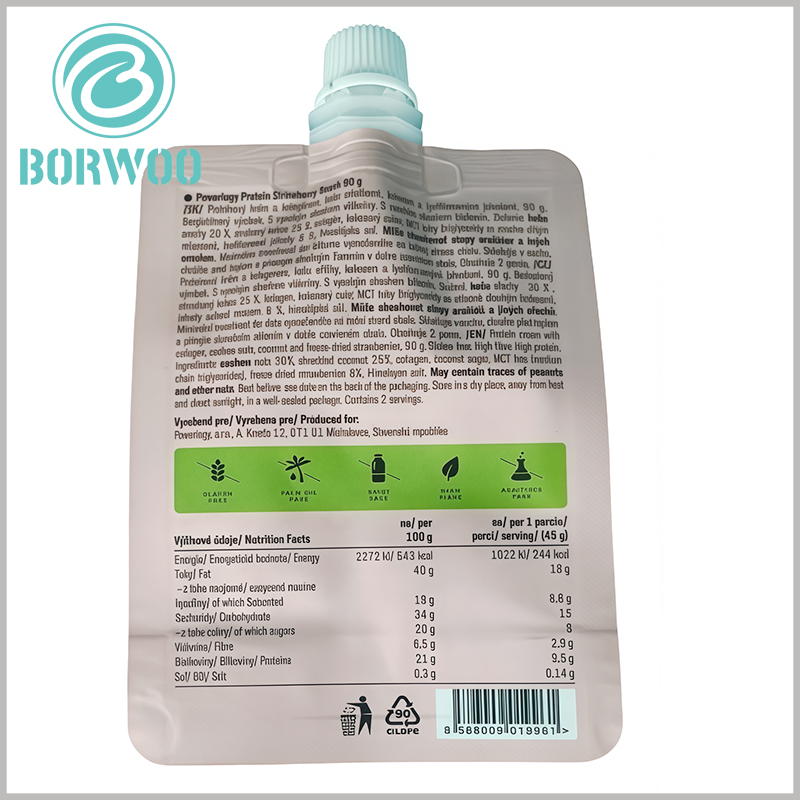 90g stand up pouch with spout – Compact size (100×140×1mm) on-the-go packaging, mess-free pouring with corner spout.