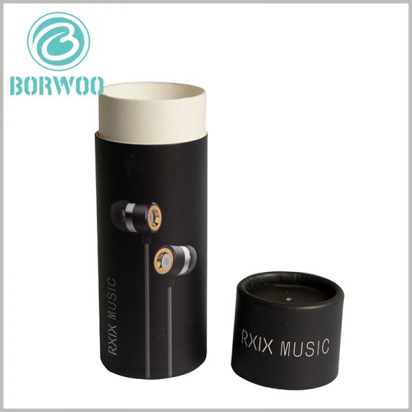 Creative black cardboard tubes packaging for headphones boxes.Using earplugs as the main element of packaging design
