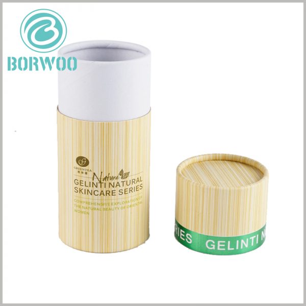 Creative imitation bamboo paper tube for skin care product packaging.Cardboard tube packaging enriches the content of the package with bronzing printing and emboss printing, increasing the brand value of the product