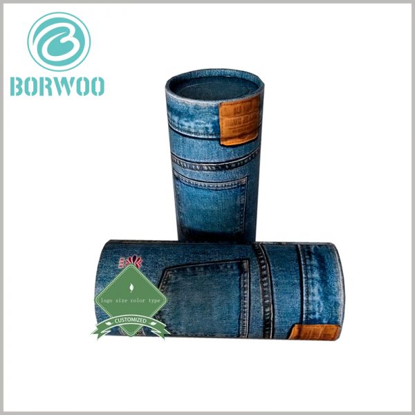 Creative large round cardboard tubes boxes for jeans packaging.It’s attractive to use the picture of jeans directly as a packaging design.