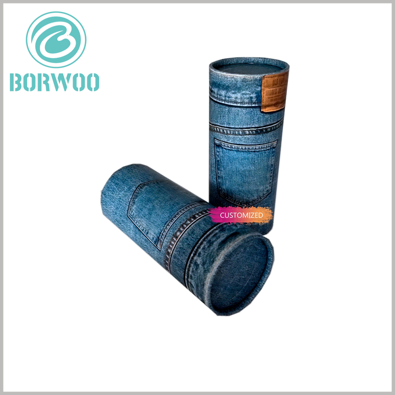 Creative printed cardboard tubes packaging for jeans boxes.The packaging design is based on the image and pattern of the pants.
