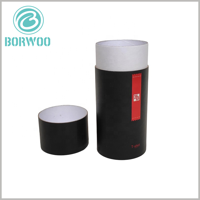 Custom Black cardboard tube packaging for t shirt boxes.The printed content of the package is only the brand name and product name, but the effect is excellent.