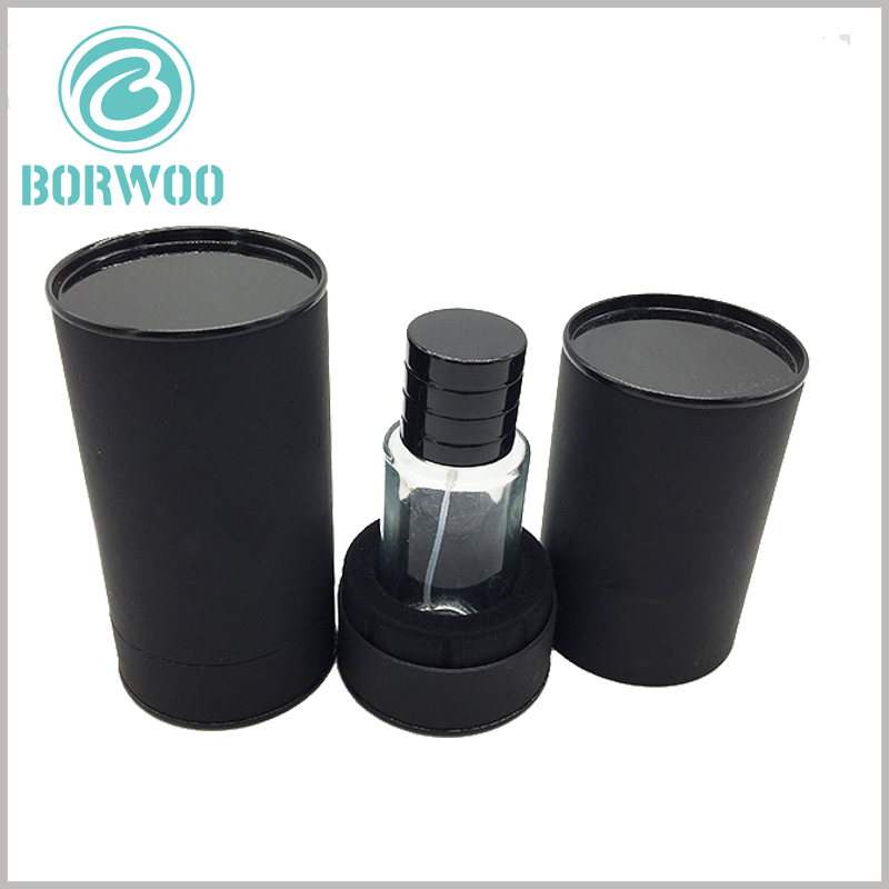 Custom Black round boxes for perfume bottles packaging.It has a velour plastic base to fix the bottle as to protect it against collision and shocks.