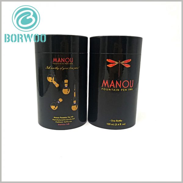 Custom Black round cardboard tubes packaging for bottles.On the surface, it is also treated with UV glue to protect against scratch and making the surface brighter.