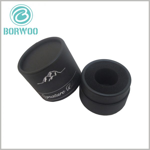 Custom Black round cosmetic boxes packaging with sponge insert.Sponge can fix and protect fragile cosmetic glass bottles