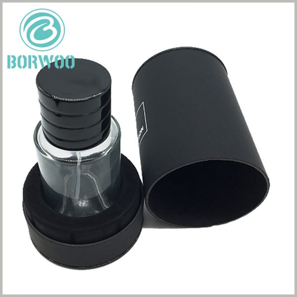 Custom Black small round boxes for perfume bottles packaging.attached with black soft touching paper on the surface,To improve the tactile effect and product value of the package