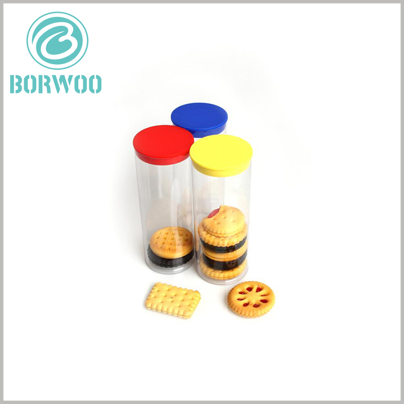 Custom Clear tube packaging for biscuits.This tube box uses food level PVC to form a transparent structure and a colorful lid to seal it and attract customers’ attention.