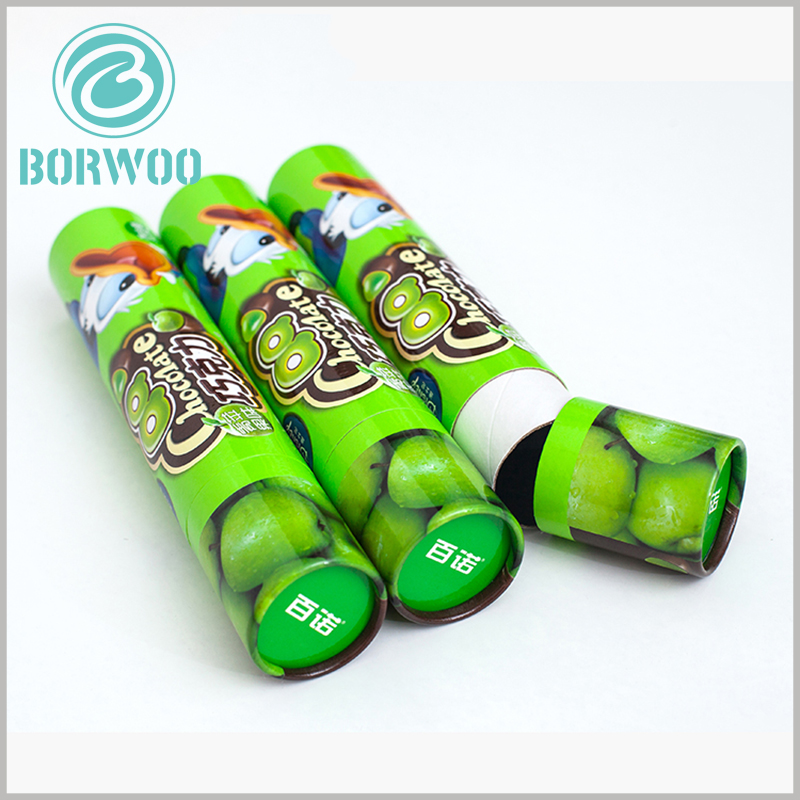 Custom Creative printed cardboard tube boxes for chocolate packaging. The green apple pattern and cyan background are printed on the chocolate packaging, and customers will easily understand the taste and content of chocolate.