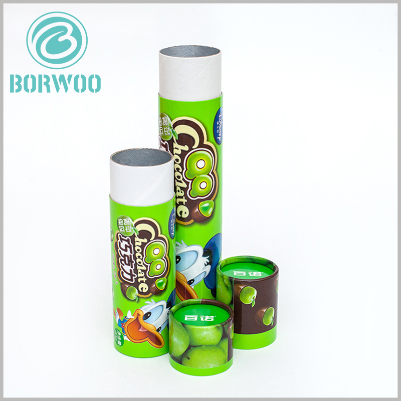 Custom Creative small cardboard tube boxes for chocolate packaging.Laminating silver foil paper on the inner wall of the paper tube package can improve the sealing of the package and protect the quality of the chocolate.