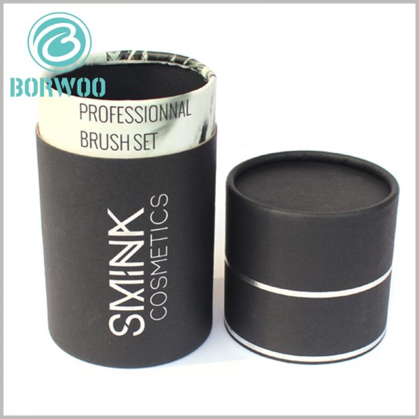 Custom Elegant black paper tube packaging boxes with hot silver printing.Inner and outer tubes are made of 300g grey cardboard paper