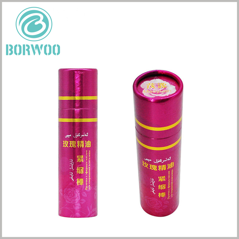 Custom Exquisite paper tube for rose essential oil packaging boxes. The background uses red theme, very female style