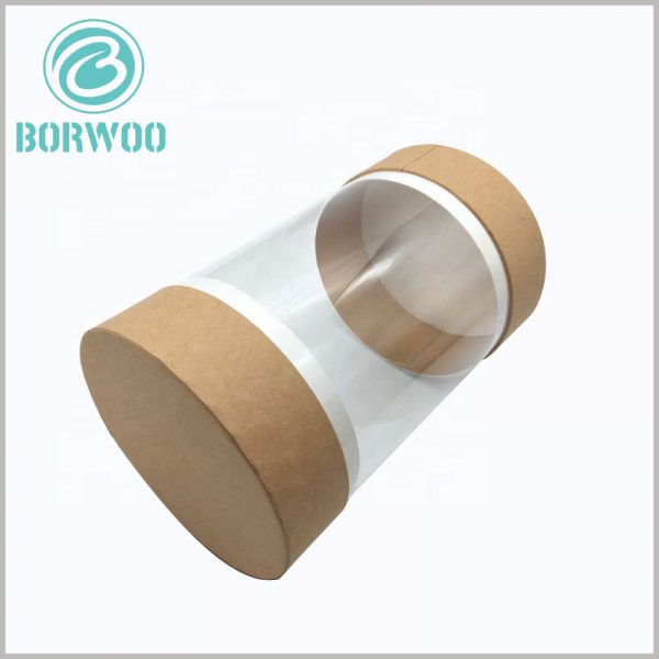 Custom Large clear round tube packaging with kraft paper lids.The simple round boxes packaging design has a wide range of products and has a good display effect on the products.