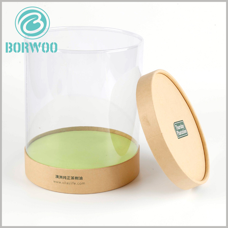 Custom Large diameter clear plastic tube packaging for tree tea oil.The brand information is printed on the top and bottom of the kraft paper to achieve the purpose of promoting the brand, and it will not affect the display effect of clear packaging.