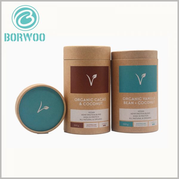 Custom Large kraft paper tube boxes for powder food packaging.Kraft paper packaging and printing has content about the characteristics of the product.