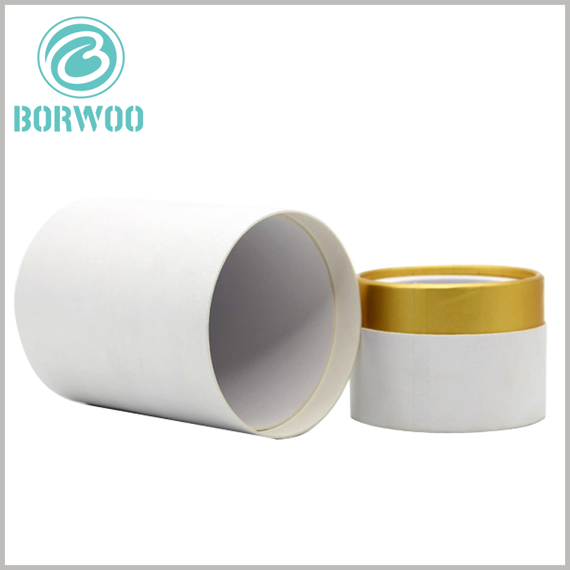 Custom White small round boxes with lids wholesale.Made of 350g SBS forming the tube, this box is robust and reliable,The package is not easily deformed and damaged, and it can protect the perfume very well.