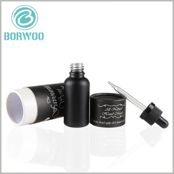 Custom black cardboard round boxes for essential oil packaging.There is no EVA inside the cardboard tube boxes, but the thickness of the paper tube is 1.2mm, which has good durability and stability.