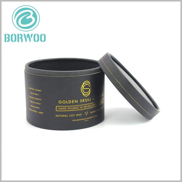 Custom black cardboard round tube candle boxes packaging with bronzing printing.Packaging and printing brand information and product information is a key factor in the successful sale of candles, which will be conducive to brand building.