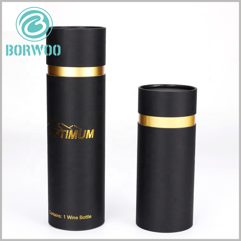 Custom black cardboard tube packaging for wine bottle.The thickness of the paper tube is 1.2mm, which has the characteristics of sturdiness and durability. It is not easily deformed by external pressure, and it protects the fragile glass bottle well.