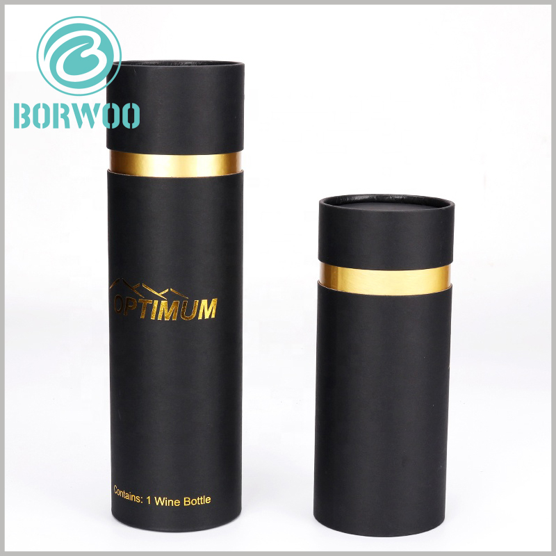 Custom black cardboard tube packaging for wine bottle.The thickness of the paper tube is 1.2mm, which has the characteristics of sturdiness and durability. It is not easily deformed by external pressure, and it protects the fragile glass bottle well.