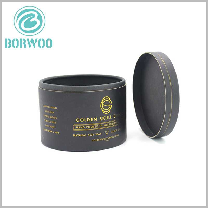 Custom black paper tube candle boxes packaging with lids.The design of the cardboard tube packaging is simple, and the necessary product information and brand information are printed on the packaging.