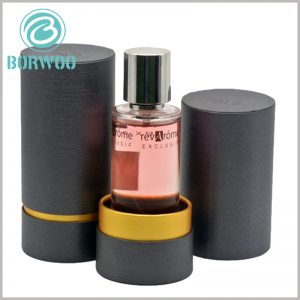 Custom black small cardboard tubes packaging for perfume bottles boxes.Inside the box, a base made with EVA sponge is set to fix the bottle
