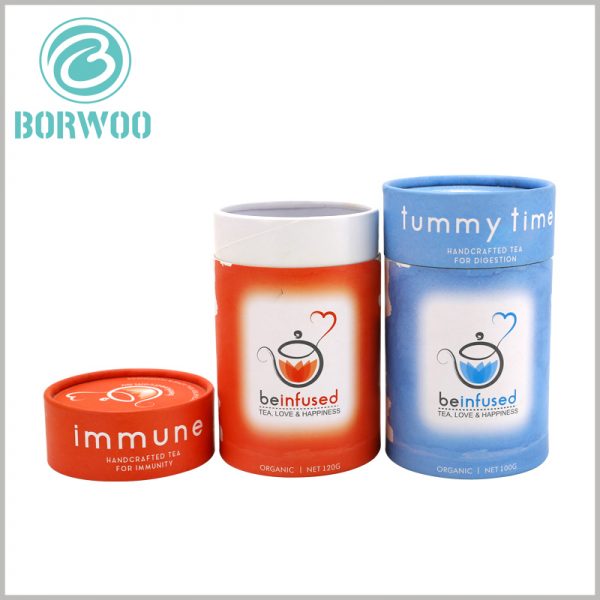 Custom cardboard cylinder packaging for tea.The packaging is light blue or light orange as the main color of the package, and the visual experience is good.