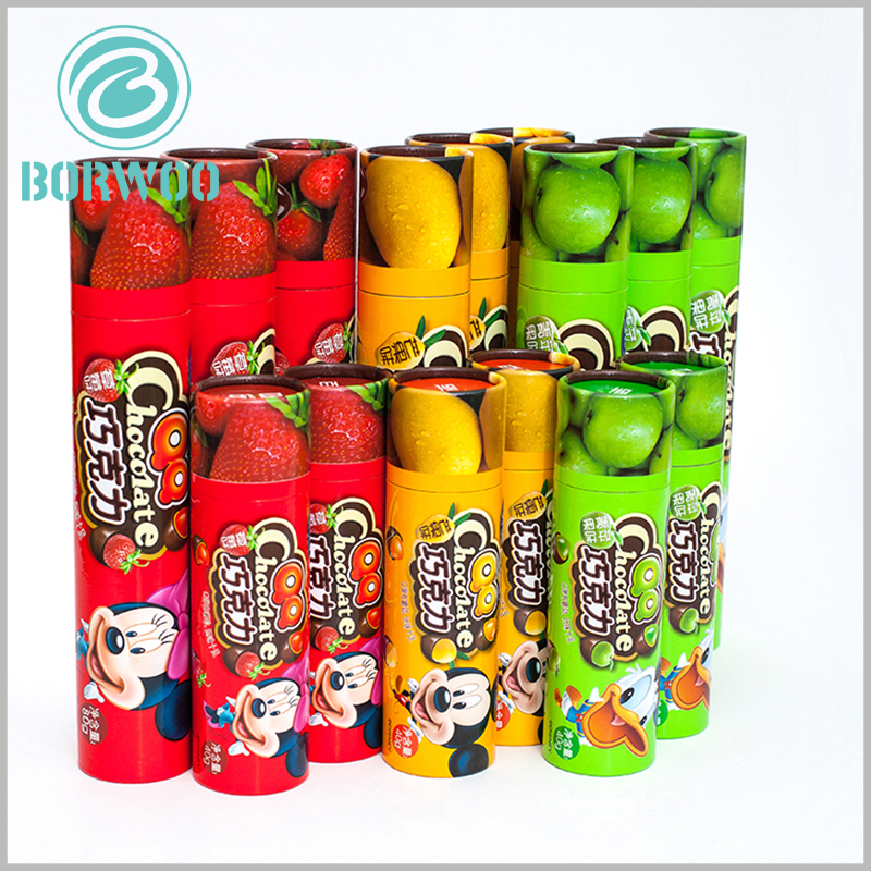 Custom cardboard tube boxes for chocolate packaging.The unique packaging design and fruit pattern show different flavors of chocolate.
