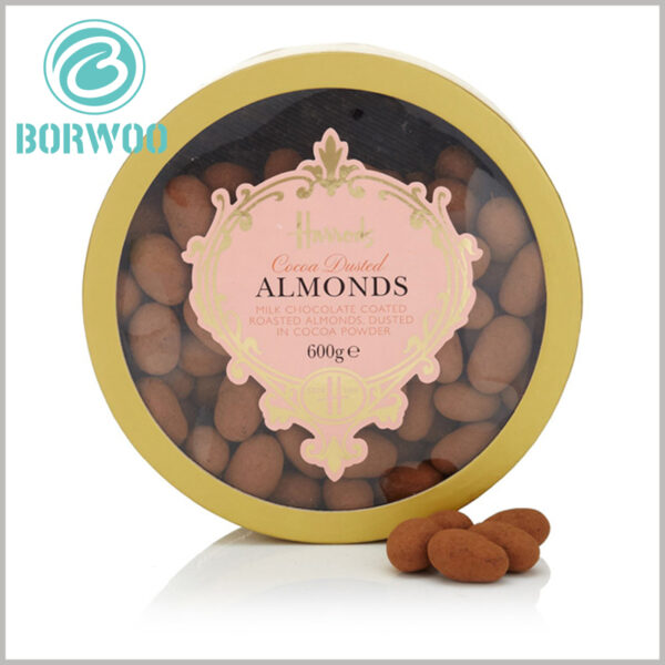 Custom cardboard tube gift packaging for chocolates boxes.The lid, besides, is formed by both cardboard and a transparent PVC round window