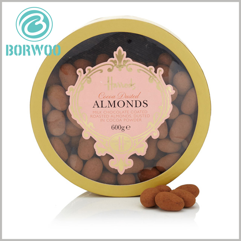 Custom cardboard tube gift packaging for chocolates boxes.The lid, besides, is formed by both cardboard and a transparent PVC round window